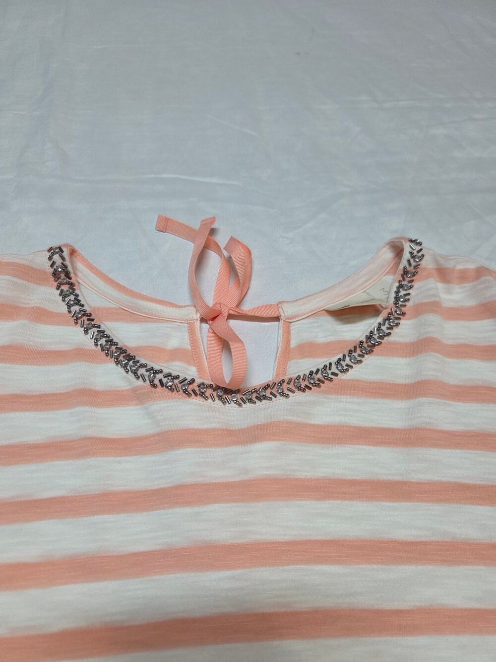 Chico's Peach and White Striped Embellished Neck Tee